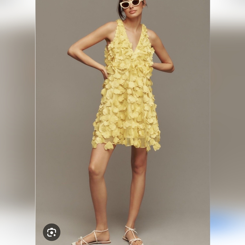 ANTHROPOLOGY Maeve  FLOATY Sunny Lemon Lime Appliqued MINI Dress. Size M  EUC! - Picture 3 of 13